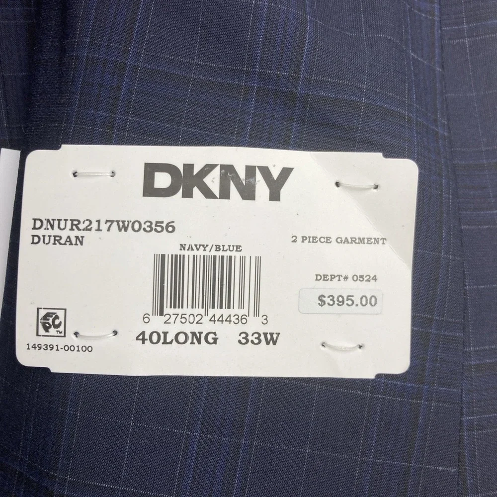 DKNY Mens Modern‎ fit 2-pc Suit Jacket 40L Navy Blue Solid Plaid Pants 35W 33L